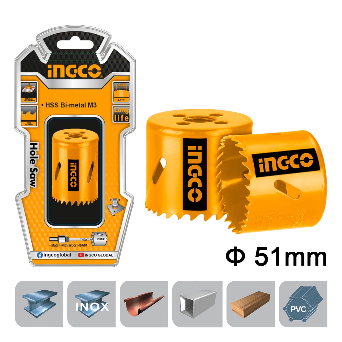 Ποτηροτρύπανο Bi-Metal 51mm για μέταλλο inox ξύλο πλαστικό και γυψοσανίδα