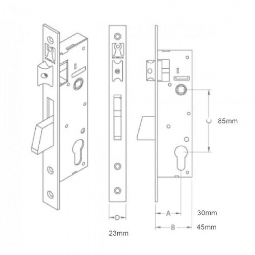 Μαχαιρωτή χωνευτή κλειδαριά Domus 91430 ΙΝΟΧ 30mm για πόρτα αλουμινίου με ρυθμιζόμενη γλώσσα