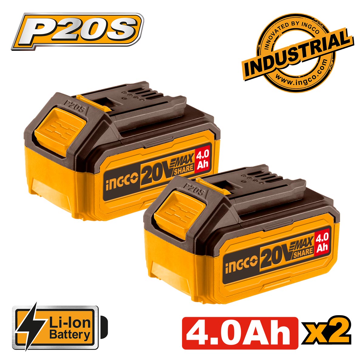 Σετ μπαταριών 20V Li-Ion 2x4.0Ah με LED ένδειξη για εργαλεία μπαταρίας