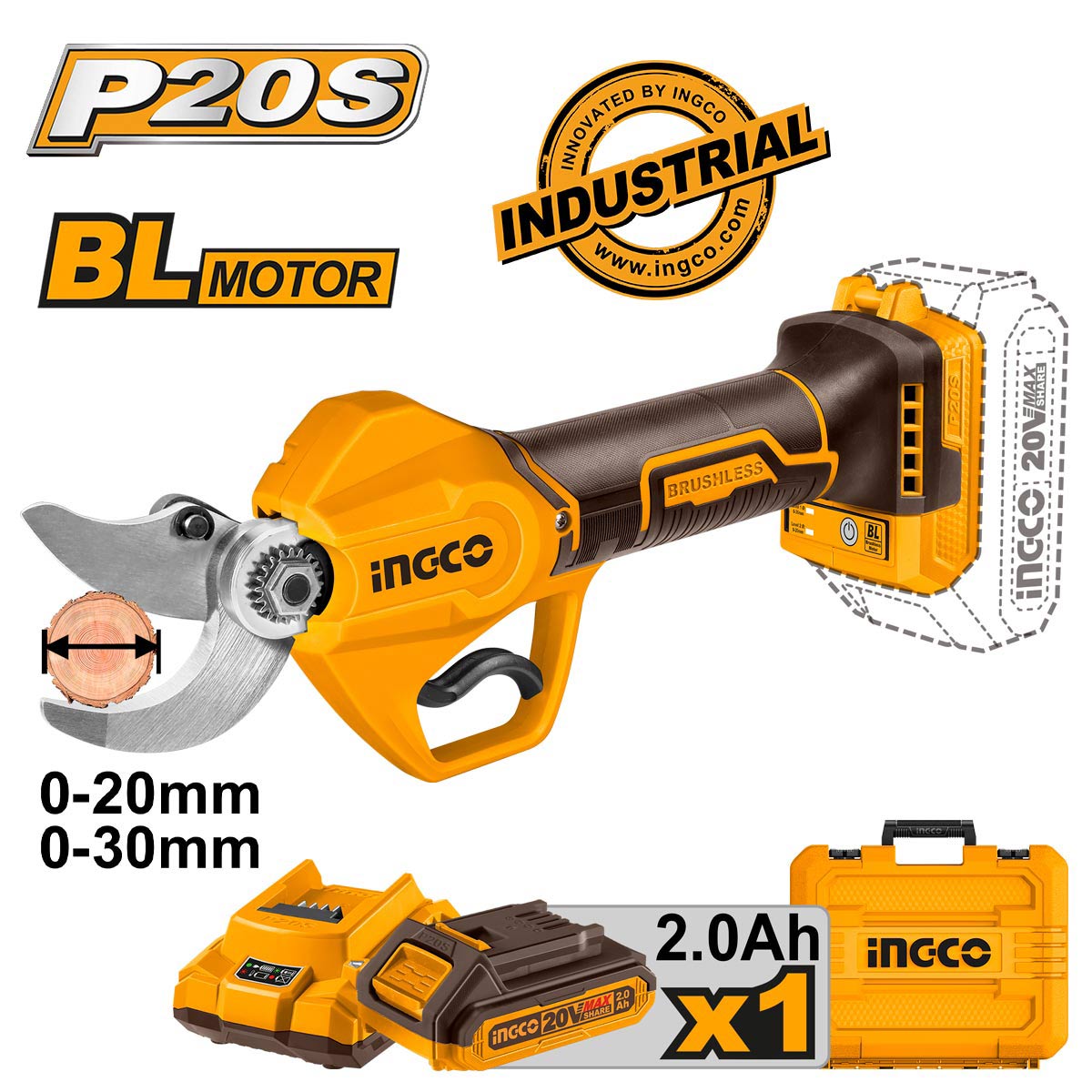 Ψαλίδι κλαδέματος μπαταρίας 20V Li-Ion brushless με βαλίτσα και αξεσουάρ