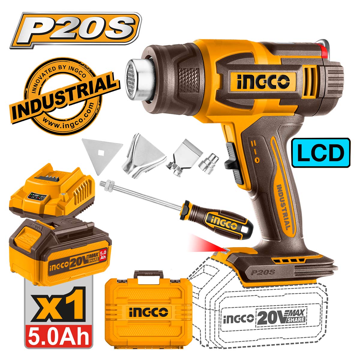 Πιστόλι θερμού αέρα μπαταρίας 20V Li-Ion με LCD οθόνη και αξεσουάρ