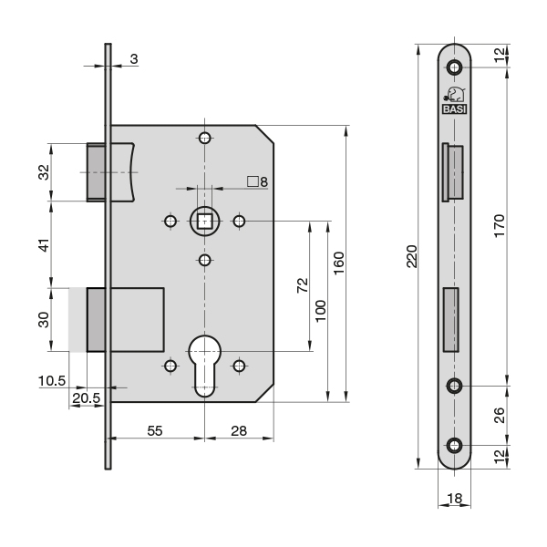 Κλειδαριά εγκοπής ES 929 PZW 55mm DIN αριστερά