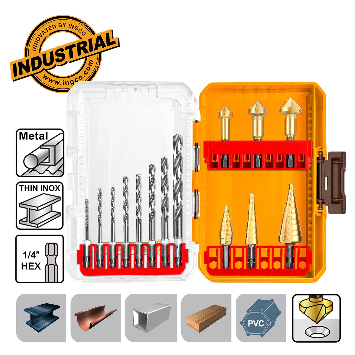 Σετ τρυπάνια κώνικα και φρέζες μετάλλου 1/4 HEX 14 τεμαχίων σε κασετίνα