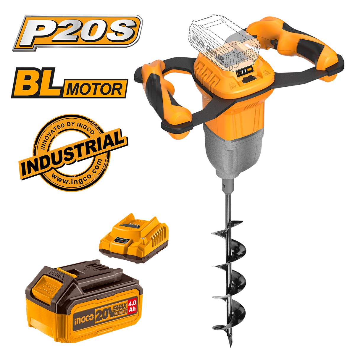 Γεωτρύπανο μπαταρίας 20V Li-Ion με αρίδα τριβέλας Φ15cm x 80cm brushless