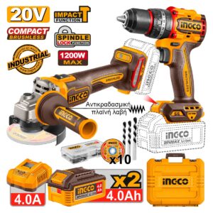 σετ εργαλείων μπαταρίας 20V με δραπανοκατσάβιδο και γωνιακό τροχό brushless